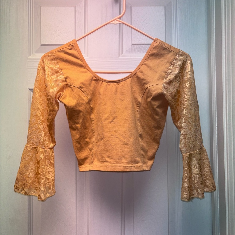 Mustard Lace Bell Sleeve Cropped Top – Boho Fairycore Festival Style - Picture 3 of 8